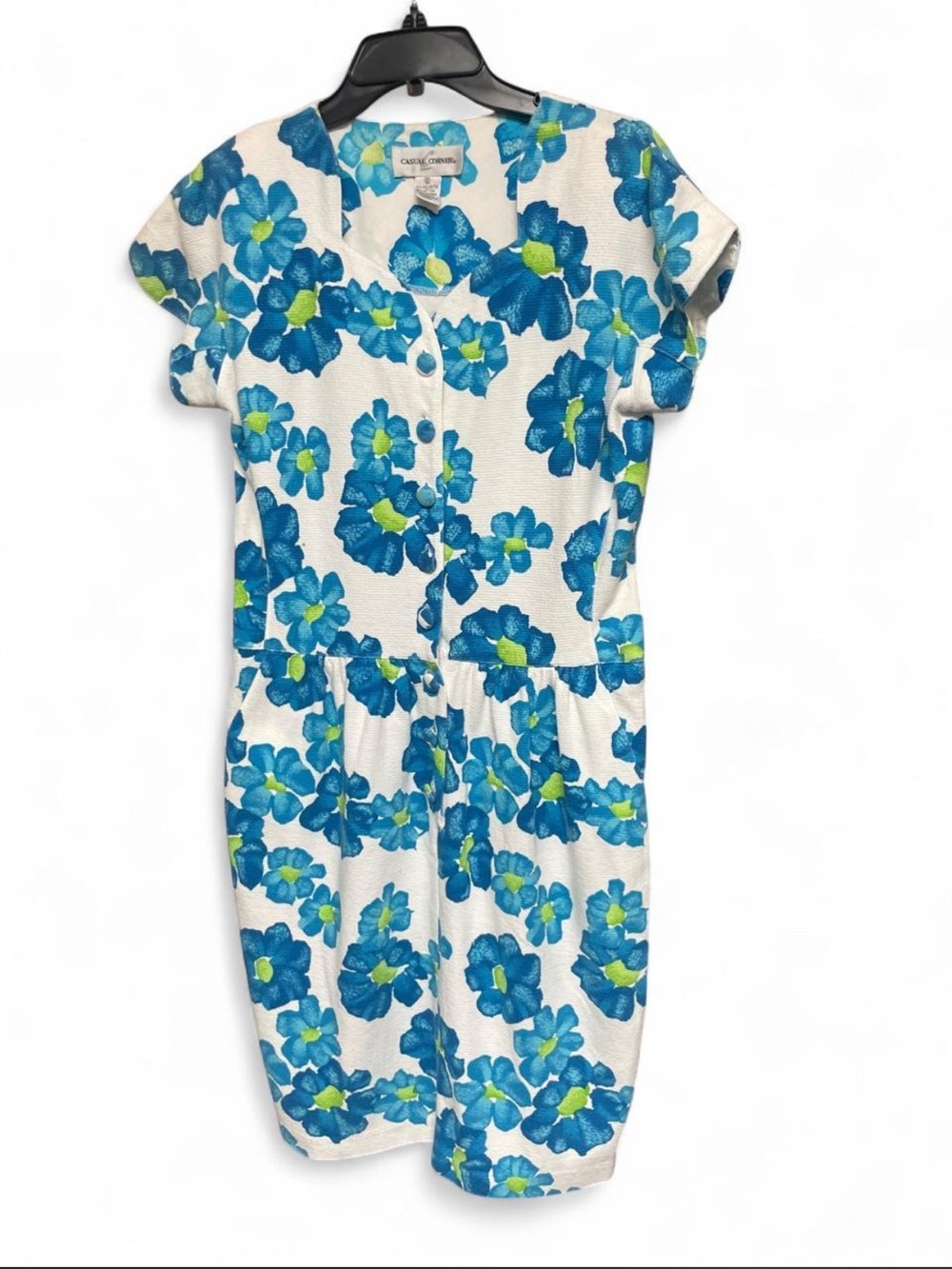 Casual Corner White Midi Dress with Blue & Green Floral Pattern